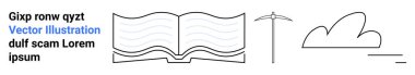 Eğitim, keşif, hava durumu, aletler, okuma, açık hava aktiviteleri. Minimalist çizgiler açık bir kitap, bulut ve ufuk şekilleri gösteriyor. Eğitim ve keşif kavramları