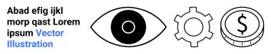 Göz simgesi görüşü simgeler, dişliler süreçleri tasvir eder ve madeni para da maddi büyüme veya geliri simgeler. Ticari stratejiler, yenilikler, girişimler, üretkenlik ve ekonomik büyüme için ideal
