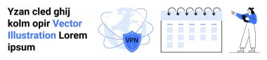 Takvimi gösteren kişi, VPN kalkanı ve dünya çapında kullanıcıları bağlayan dünya haritası. İnternet güvenliği, programlama, veri şifreleme, küresel bağlantı, üretkenlik araçları, planlama uygulamaları için ideal