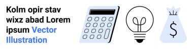 Finansal planlama, yenilik, yatırım stratejileri, iş geliştirme, yaratıcı fikirler, kâr büyümesi. Hesap makinesi, ampul ve para çantası ikonları. Mali planlama ve yenilik kavramı