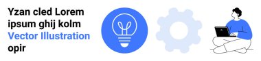 Yenilik, uzaktan çalışma, teknoloji, yaratıcılık, verimlilik, planlama süreçleri. Dairesel ampul ikonu, dişli silueti ve dizüstü bilgisayarda oturan kişi. Yenilik ve uzak çalışma kavramı