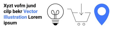 Yenilik, alışveriş, konum hizmetleri, fikir üretimi, çevrimiçi perakende satış, dijital navigasyon. Ampul, alışveriş arabası ve lokasyon simgeleri. Fikir üretimi ve alışveriş kavramları