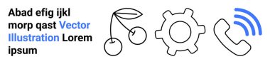 Teknoloji, iletişim sistemleri, yiyecek, bağlantı, mekanik kavramlar, minimalizm. Siyah ve mavi ikonlar kiraz, vites, telefon ve kablosuz sinyal hatlarıdır. İletişim sistemleri