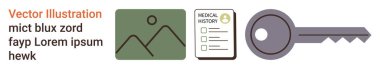 Veri güvenliği, sağlık kayıtları, kullanıcı erişimi, kimlik koruması, sağlık belgeleri, veritabanı yönetimi. Resim tutucu, tıbbi kayıtlar ve anahtar sembol. Veri güvenliği ve sağlık kayıtları görsel