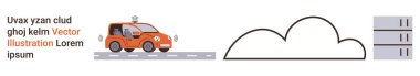 Özerk teknoloji, bulut hesaplama, veri depolama, IoT sistemleri, ulaşım yeniliği, bağlantı. Kendi kendine giden araba bulut sembolü ve sunucu birimlerine bağlı. Özerk teknoloji ve bulut