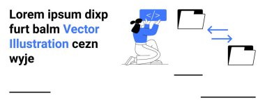 Web geliştirme, kodlama, veri transferi, işbirlikçi araçlar, dosya paylaşımı, dijital çalışma akışı. Klasör simgeleri ve okların yanında kod kartı tutan biri. Kodlama ve dosya aktarım kavramı