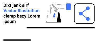 Çevrimiçi alışveriş, sosyal medya etkileşimi, dijital pazarlama, perakende ticaret, markalaşma, bağlantı. Bir el, sosyal medya paylaşım ikonunun yanında bir alışveriş çantası tutuyor. Çevrim içi alışveriş ve sosyal medya