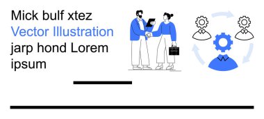 İş iletişimi, takım çalışması, süreç yönetimi, şirket stratejisi, iş akışı çözümleri, çalışan işbirliği. İki insan dişlilerle el sıkışıyor ve sembolleri işliyor. İş iletişimi
