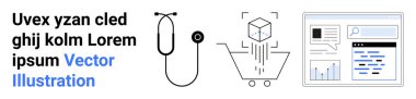 Sağlık, e-ticaret, veri analizi, dijital araçlar, teknolojik çözümler, yenilikler. Stetoskop, alışveriş arabasında bir küp ve veri arayüzü. Sağlık ve e-ticaret