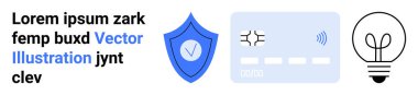 Çevrimiçi ödemeler, dijital güvenlik, veri koruması, yenilikçi çözümler, temassız işlemler, finans teknolojisi. Kalkan ve ampullü kredi kartı. Dijital güvenlik ve çevrimiçi ödemeler