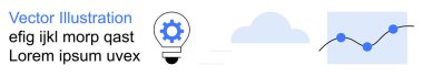 Bulut hesaplama, veri yönetimi, yenilik, dijital dönüşüm, analitik, ilerleme izleme. Vitesli bir ampul, bir bulut ve bir çizgi grafiği. Bulut hesaplama ve veri yönetimi kavramı