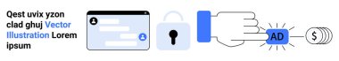 Dijital güvenlik, çevrimiçi ödemeler, reklam gelirleri, kullanıcı arayüzü, gizlilik, e-ticaret. bir kullanıcı arayüzü, el tıklama ilanı ve dolar sembolü. Dijital güvenlik ve çevrimiçi ödemeler