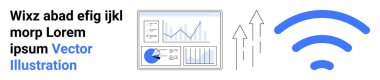 Grafik ve pasta grafikli analitik gösterge paneli, büyümeyi simgeleyen yukarı doğru oklar ve bağlantıyı gösteren kablosuz sinyal. Teknoloji, veri, iş büyümesi, iletişim ve ağ için ideal