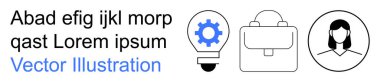 İş stratejisi, yenilik, iş çözümleri, iletişim araçları, kariyer gelişimi, profesyonel kimlik. Teçhizatlı ampul, evrak çantası ve avatar ikonu. İş stratejisi ve yenilik
