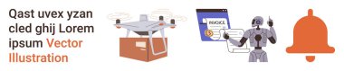 Teknoloji, otomasyon, e-ticaret, yapay zeka, robot bilimi, bildiriler. Paket teslim eden bir kuadkopter, faturaları kontrol eden bir robot ve bir uyarı zili. Teknoloji ve otomasyon kavramları
