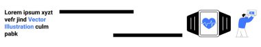 Form verilerini analiz eden bir kullanıcıyla akıllı sette kalp atışı görüntüsü. Sağlık izleme, giyilebilir teknoloji, fitness izleme, dijital sağlık hizmetleri, modern teknoloji, sağlık uygulamaları, basit iniş sayfası için ideal