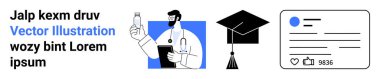 Eğitim, sağlık, sosyal medya, profesyonel büyüme, çevrimiçi öğrenme ve dijital platformlar. Doktor elinde şişe, mezuniyet şapkası ve sosyal medya kartı ikonları tutuyor. Eğitim ve sağlık hizmetleri