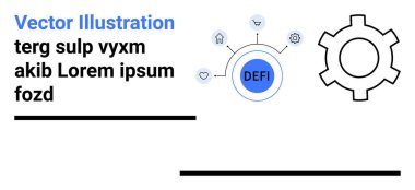 DEFI 'ye bağlı dairesel merkez ev, kalp ve çark ikonlarına işaret ediyor. Dişli sembolü sağda. Finans, engelleme zinciri, teknoloji, yenilik, dijital araçlar için ideal basit iniş