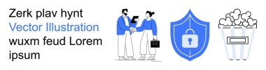 Dijital güvenlik, gizlilik koruması, iş birliği, veri güvenliği, medya yayını, günlük eğlence. El sıkışma, kilit ve patlamış mısır ikonlu kalkan. Dijital güvenlik ve gizlilik koruması