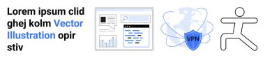 Çevrimiçi gizlilik, uzaktan erişim, siber güvenlik, teknoloji, güvenli tarama, dijital bağlantı. Web arayüzü, VPN kalkanı ve sembolik çalışan figür. Çevrimiçi gizlilik ve uzaktan erişim kavramı
