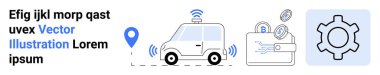 Kablosuz sinyalleri, lokasyon iğnesi, devreli dijital cüzdanı ve vites simgesi olan otomatik çalışan bir araba. Yenilik için ideal, otomasyon, hareketlilik, finans, IoT teknolojisi basit iniş sayfası