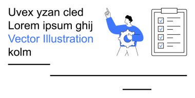İş yönetimi, organizasyon, iş akışı, görev planlaması, verimlilik, sunum. Elinde bir vites sembolü, yanında bir pano ve listeyle yukarıya doğru bakan bir adam. İş yönetimi