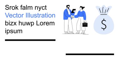 İş birliği, yatırım fırsatları, finansal işlemler, kurumsal strateji, takım çalışması, zenginlik yönetimi. İki profesyonel para çantası sembolünün yanında el sıkışıyor. İş dünyası