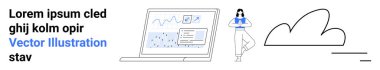 Veri analizi, teknoloji, bulut hesaplama, çevrimiçi öğrenme, ticari yenilik, kullanıcı etkileşimi. Minimalist dizüstü bilgisayar ekranı, ayakta duran bir kadın ve bir bulut. Veri analizi ve teknoloji tasarımı