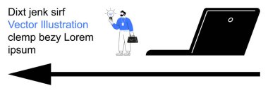 Yaratıcılık, teknoloji, iş stratejisi, yenilik, ilerleme, dijital fikirler. Elinde bavulu, bilgisayarı ve oku olan bir ampul tutan kişi. Yaratıcılık ve teknoloji kavramının vurgulanması