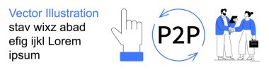 Eşler arası sistemler, dijital işlemler, iş ilişkileri, takım çalışması, ağ oluşturma, ortaklıklar. Dairesel P2P okları, el hareketi iki iş adamı el sıkışıyor. Paylaşımcı- paylaşımcı