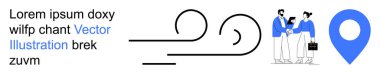 İş planlaması, seyrüsefer araçları, ofis işbirliği, ortaklık, modern tasarım ve asgari grafik. El sıkışan iki kişi, mavi bir konum ikonu ve soyut eğriler. İş planlaması