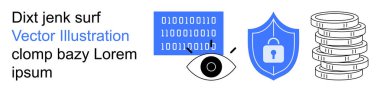 Siber güvenlik, veri koruması, bilgi gizliliği, dijital para birimi, şifreleme, izleme. İkili kod paneli, kalkan gözü bozuk paralar. Siber güvenlik ve veri koruması