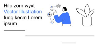 Veri analizi, dijital etkileşim, kişiselleştirme, çevrimiçi öğrenme, içerik keşfi, arayüz tasarımı. Bir kişi, dokunmatik ekran arayüzü ile saksı bitkisinin yanındaki simgelerle etkileşime girer