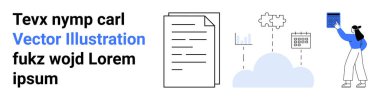 Bulut hesaplama, veri depolama, teknoloji iş akışı, iş analizleri, dijital organizasyon, takım çalışması. bir bulut, dosya simgeleri ve blok tutan bir karakter. Bulut hesaplama ve veri depolama