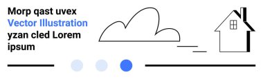 Metni, geometrik şekilleri ve çizgileri olan bir evin yanında bulut, basit bir tasarım yaratıyor. Gayrimenkul, bulut teknolojisi, dijital çözümler, minimalizm, basit pazarlama sayfası için ideal