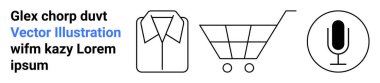 E-ticaret, perakende, iletişim, online alışveriş, teknoloji uygulamaları, moda tanıtımı. Bir gömlek, alışveriş arabası ve mikrofon gösteren minimalist simgeler. E-ticaret ve perakende odaklanma