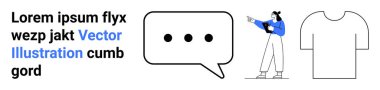 Metinli konuşma balonu, elinde bir pano ve tişört figürüyle ayakta duran birini işaret etmek. İletişim, mesajlaşma, pazarlama, sunum, giyim, eğitim sosyal medyası için ideal