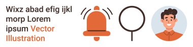 Bildirim sistemleri, uyarı sinyalleri, kullanıcı profilleri, çevrimiçi arama, kimlik doğrulama, dijital iletişim. Bir insan avatarının yanında çan simgesi ve büyüteç. Bildirim sistemleri ve alarm