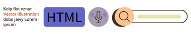 Web tasarımı, kullanıcı arayüzü, dijital arama, çevrimiçi geliştirme, ses girişi, kodlama araçları. HTML simgesi, mikrofon sembolü ve arama çubuğu. Web tasarımı ve kullanıcı arayüzü kavramları