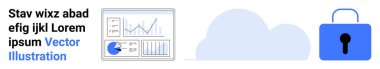 Veri analizi, bulut depolama ve siber güvenliği temsil eden çizelgeler, bulut ve kilit. Basit bir iniş sayfası için teknoloji, iş, analitik, güvenlik veri gizliliği için ideal