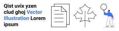Bir yığın belge, stilize edilmiş akçaağaç yaprağı, ve balon tutan kişi, modern, minimal tasarım. İçerik oluşturma, eğitim, çevre, yaratıcılık, kutlama belgeleri için ideal basit