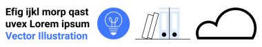 Bulut depolama, dijital öğrenme, yenilik, veri organizasyonu, teknoloji kavramları, minimalizm. Bulut sembolü, ampul ve kitaplar. Bulut depolama ve yenilik vurgulandı
