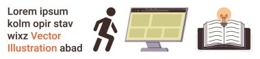 Eğitim, dijital öğrenme, yenilik, çevrimiçi dersler, kaynaklar, araştırma araçları. Semboller arasında ampullü bir kitap, bir monitör ve yürüyen bir figür var. Eğitim ve dijital öğrenim