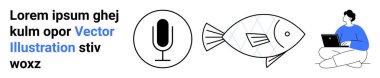 Teknoloji, yaratıcılık, eğitim, iletişim, uzaktan çalışma, podcast. Dizüstü bilgisayarda, balıkta ve mikrofonda bir insan çizimi. İletişim ve yaratıcılık