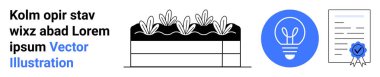 Sürdürülebilir uygulamalar, yenilik, sertifika, büyüme, tarım, eko-bilinç. Bitkilerle dolu bahçe yatağı, bir ampul ikonu ve sertifikalı belge. Sürdürülebilir uygulamalar ve yenilikler
