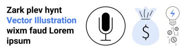İletişim, finans, yenilik, konuşma kaydı, zenginlik, enerji. Bir mikrofon, içinde dolar işareti olan para çantası ve ampul konsepti. Modern bağlamlarda iletişim ve finans