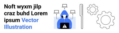 Siber güvenlik, hackleme önleme, sistem güvenliği, çevrimiçi tehditler, ağ güvenliği, veri koruması. Uyarı işareti, kalkan ve vites simgeleriyle kapüşonlu bir figür. Siber güvenlik ve hacklemeyi önleme