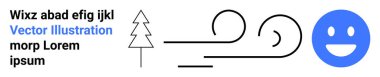 Çevre bilinci, iklim değişikliği, sürdürülebilir yaşam, pozitiflik, ekolojik denge, doğal uyarılar. Minimalist bir ağaç, rüzgar çizgileri ve gülen bir yüz. Çevresel farkındalık ve iklim
