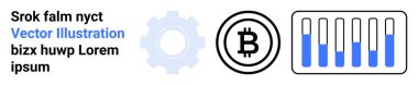 Bitcoin para birimi simgesi, vites biçimi ve bar çizelgesi grafiği. Teknoloji, finans, engelleme zinciri, kripto para birimi, veri analizi, ekonomik büyüme için ideal basit iniş sayfası