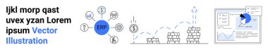 İş yönetimi, ERP sistemleri, finansal büyüme, yazılım çözümleri, veri analizi, dijital dönüşüm. Para sembolleri ve grafikleri olan merkezi ERP simgesi. ERP sistemleri ve finansal büyüme kavramı